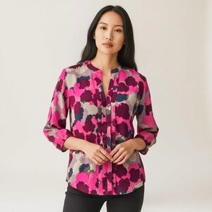 Ann Taylor Pink Pleated Blouse with Mandarin Collar